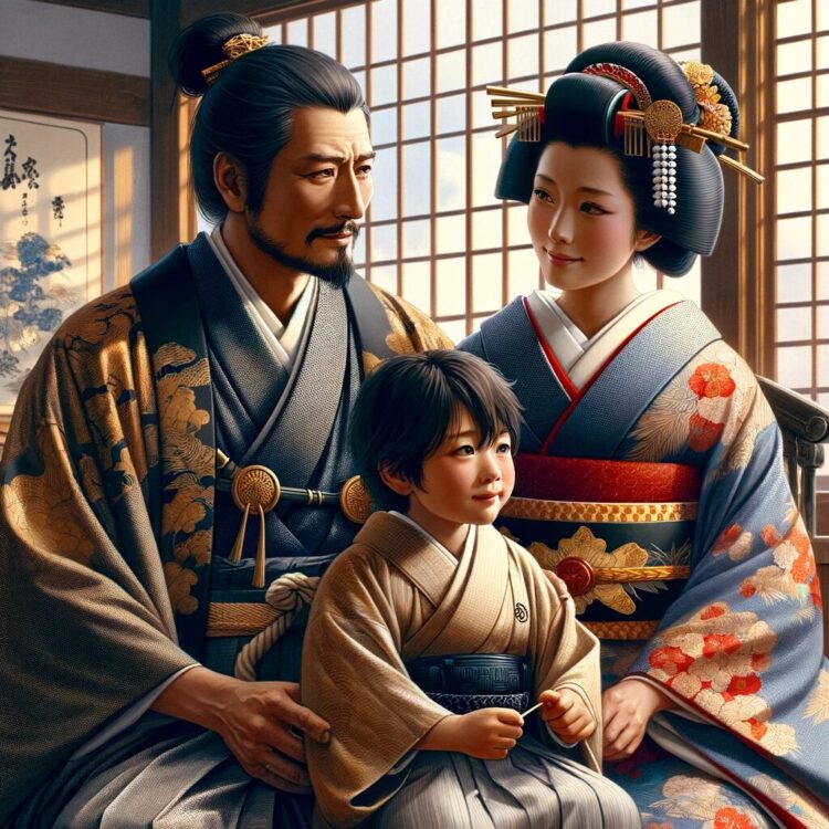 徳川家康と妻と子供。妻の名前は築山殿（つきやまどの）